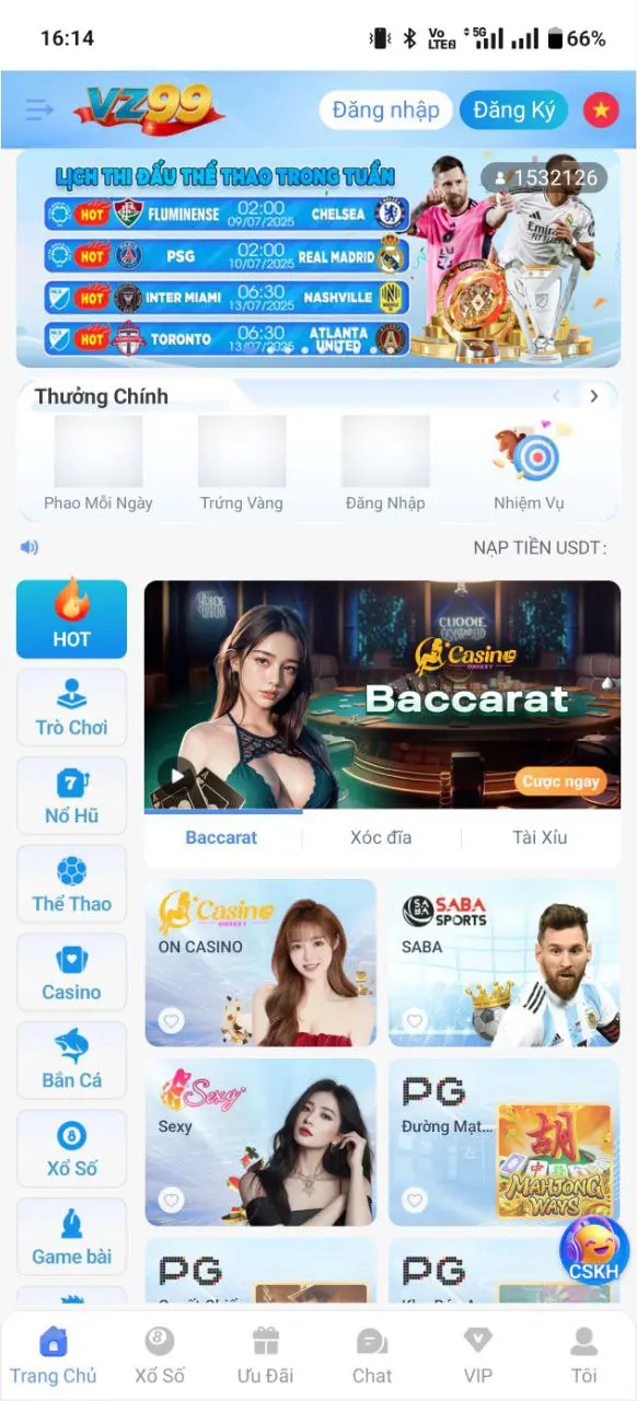 Giao diện app VZ99 hiện đại trên điện thoại