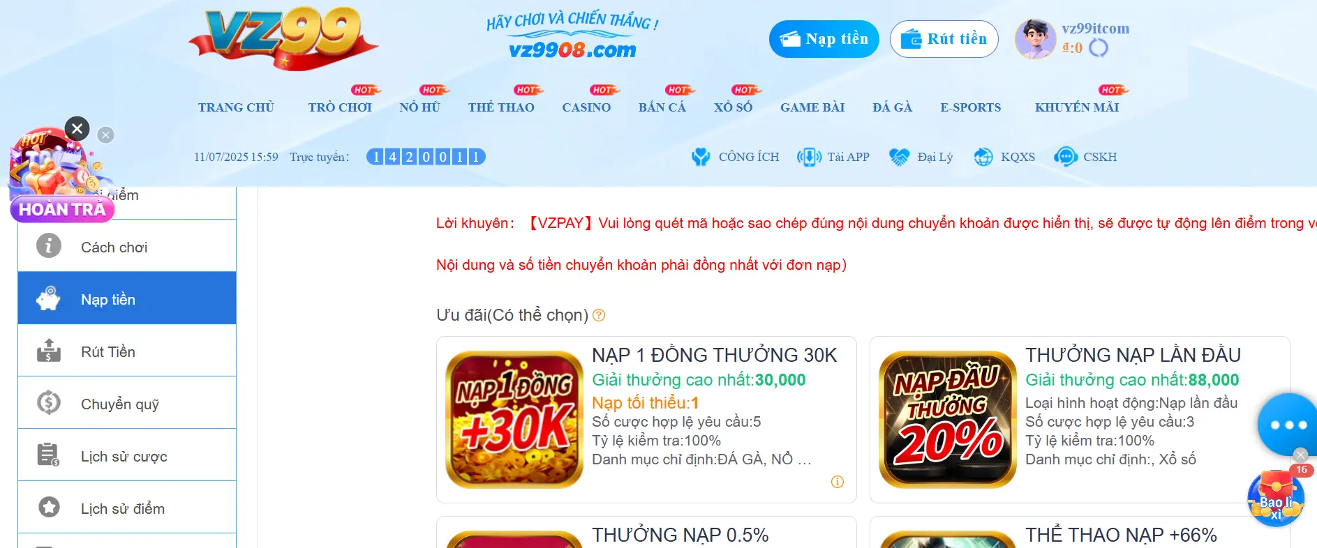 Các phương thức nạp tiền đa dạng và hiện đại tại VZ99