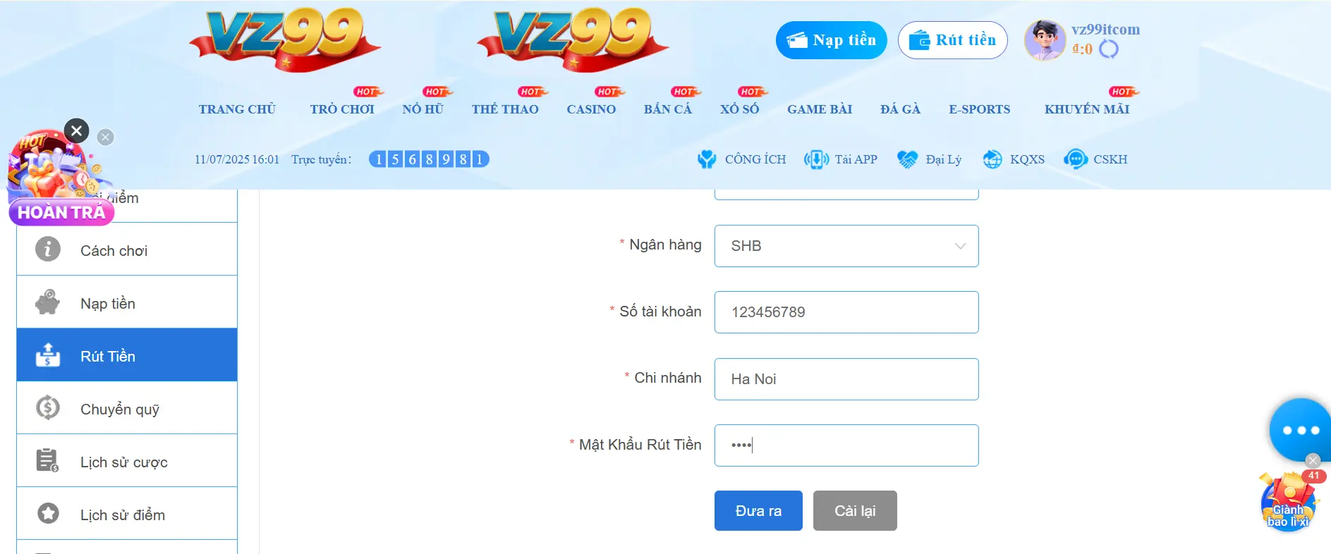 Quy trình rút tiền VZ99 thành công nhanh chóng